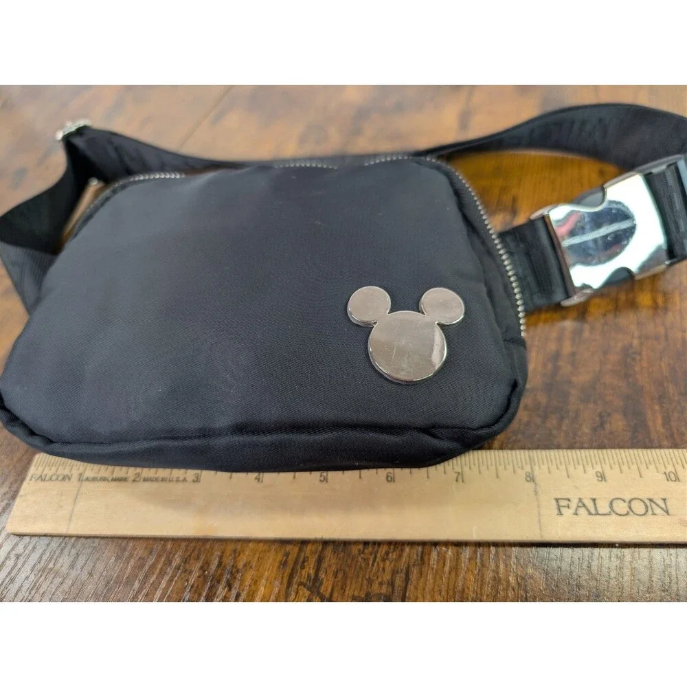 Disney Mickey Mouse Black Nylon Belt Bag Fanny Pack Silver Plaque Bioworld
